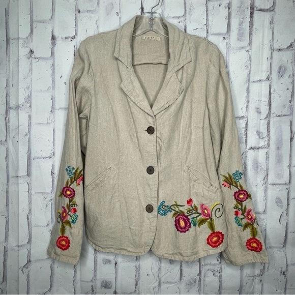 Caite Embroidered Linen Blazer Size L Beige Tan Floral Boho Western Cowgirl - Picture 1 of 8